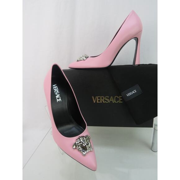 VERSACE ENGLISH ROSE PINK LEATHER SILVER MEDUSA HEAD LOGO HEEL PUMPS 39 9 $900